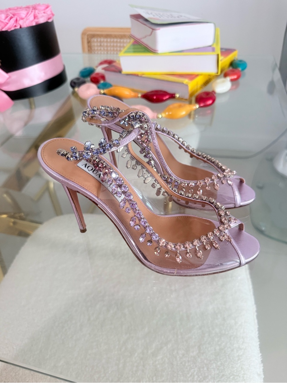 Aquazzura Lilac Crystal-Embellished Slingback Sandals